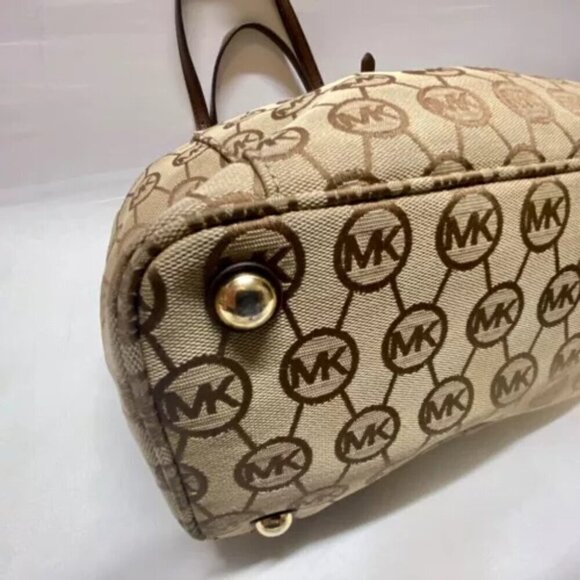 Michael Kors Jet Set Canvas Monogram Large Tote Khaki/Mocha Leather Strap GUC - Picture 7 of 13